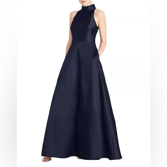 Monique Lhuillier High Neck Evening Gown Dress Navy 12 Pockets - Picture 2 of 13